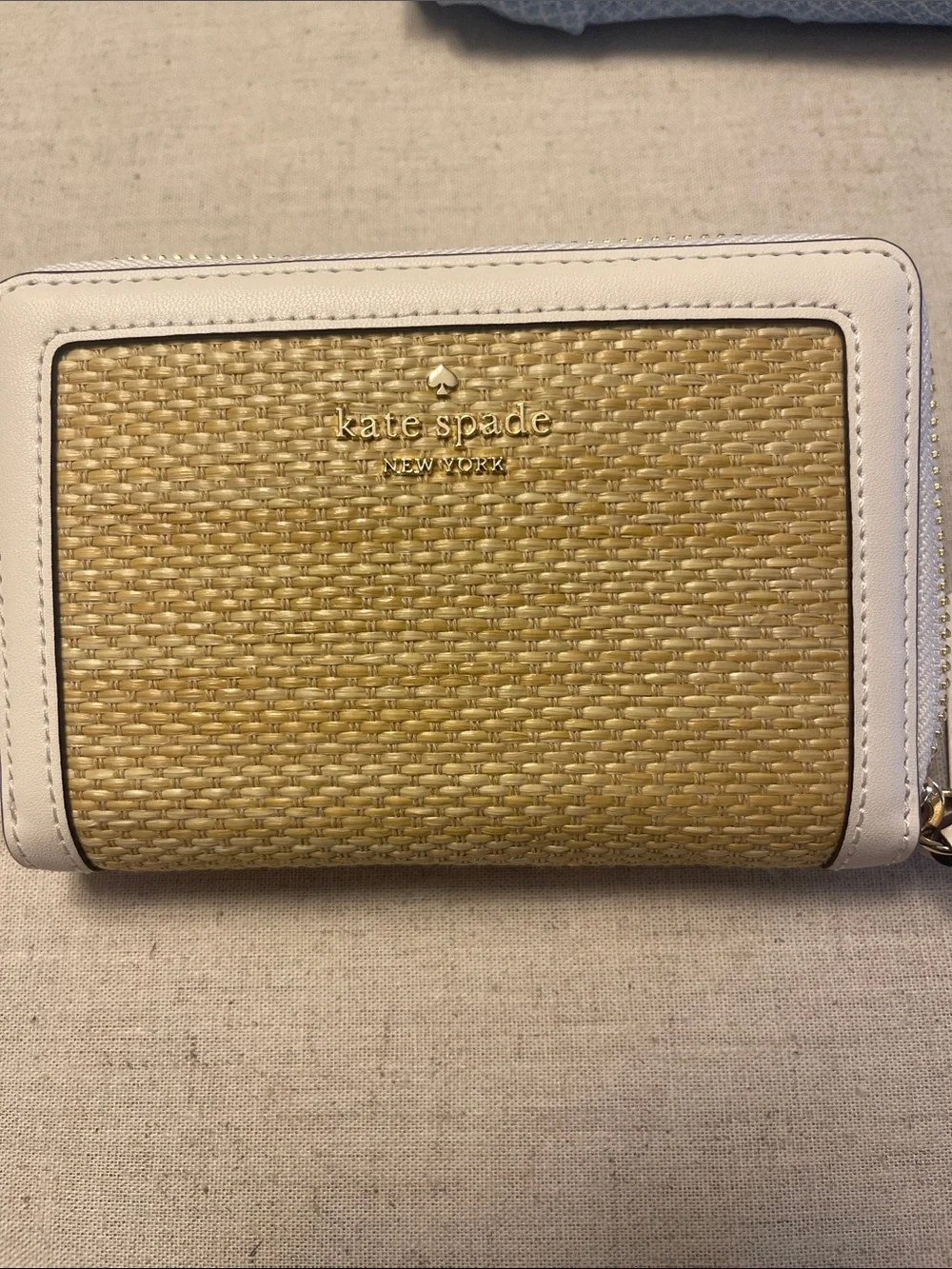 kate spade Straw and Cream Zip-Around Wallet with Gold Logo